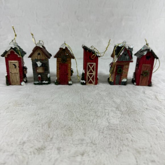 Set of 6 Christmas hanging ornaments Outhouses Resin 3 1/2" tall different style - Picture 3 of 12